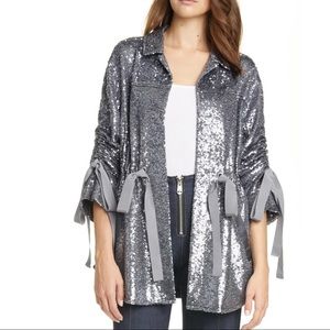 Cinq à Sept “Mathieu” Sequin Ruched Jacket Gunmetal Sz S NWT